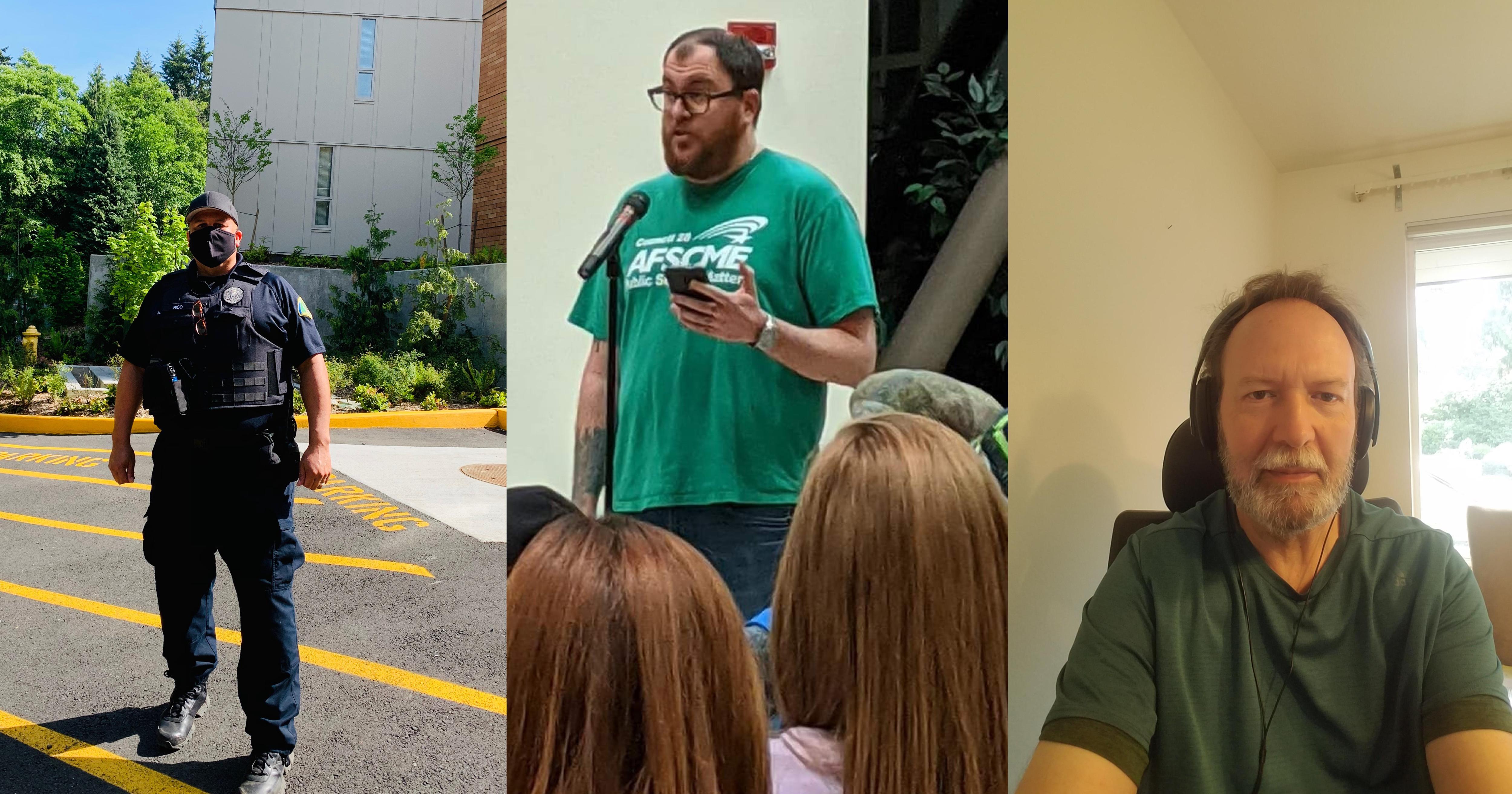 Aaron Rico, a Local 304 member and security guard at Shoreline Community College; Johnny Dwyer, an IT specialist at Seattle Central College and vice president of Local 304; Paul Fernandez, media maintenance technician and chief shop steward at Shoreline.
